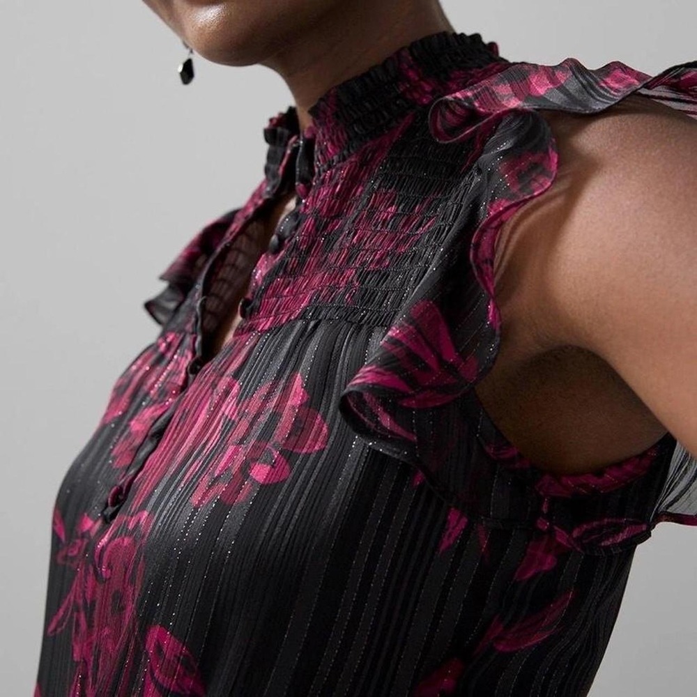 NWT WHBM Smocked Waist Midi‎ Ruffle Black Floral Shimmer Black Dahlia High Neck - Picture 3 of 9